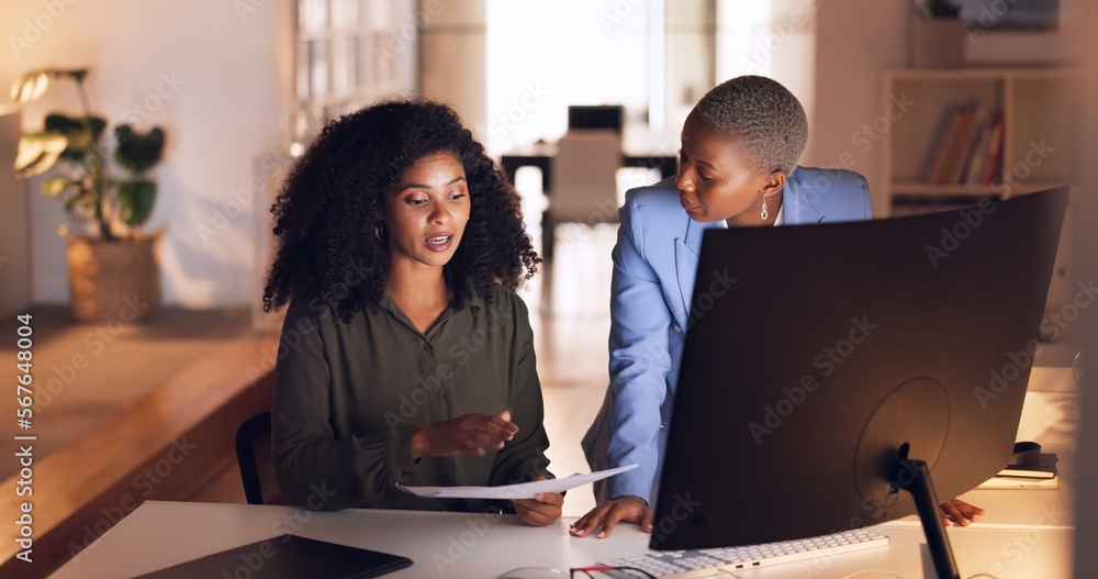 Aufkleber documents, collaboration and talking with a business woman team working in their office at night. te
