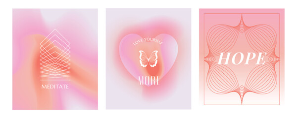 Vector set of design elements and illustrations in simple minimalist linear style - self care and love, prints and posters in y2k style