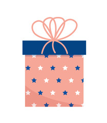 Pink present box with stars and bow. Gift. Flat, cartoon, vector