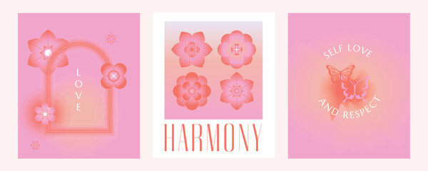 Vector set of design elements and illustrations in simple minimalist linear style - self care and love, prints and posters in y2k style