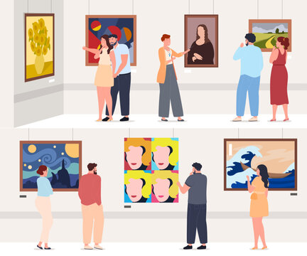 People in the Picture Gallery. Exhibition of famous paintings. Creative leisure activities. Vector illustration