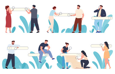 People search for information on the Internet with the help of the search bar. Men and women search and find information on a search site. Vector illustration