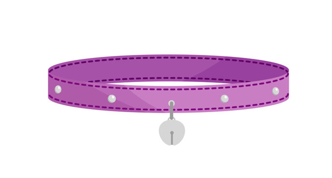 Purple cat collar with silver bell. Flat, cartoon, vector