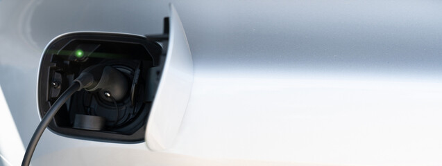 Close up of electric car inlet with a connected charging cable	