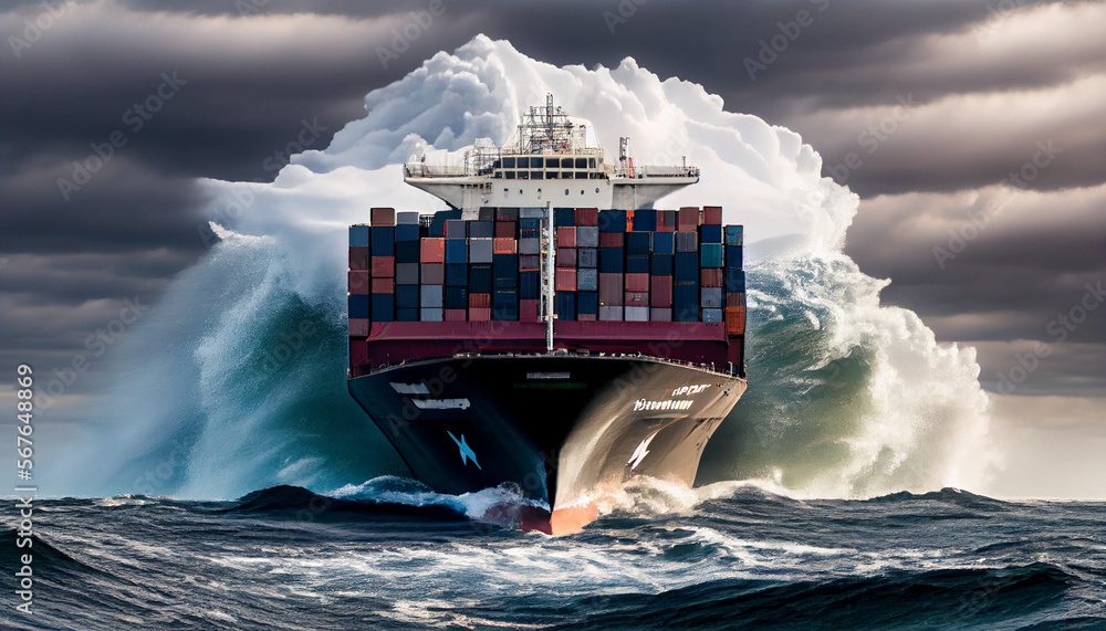 Wall mural A leoaded container cargo ship is seen in front of big waves on sea, generative ai