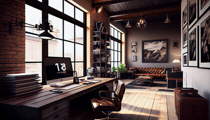 Naklejka premium Luxury workspace office decorated with industrial furniture, generative ai