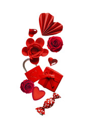 Isolated of falling red hearts, flowers, lock and candies. Valentine's day concept