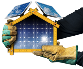 Hands with protective work gloves holding a small model house with solar panels. Isolated on white or transparent background, photography, png.