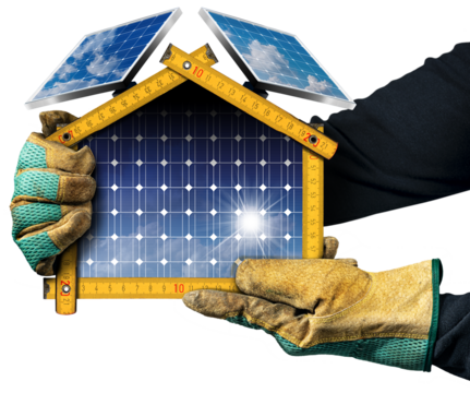 Hands with protective work gloves holding a small model house with solar panels. Isolated on white or transparent background, photography, png. - Powered by Adobe