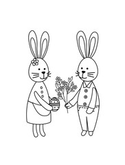 Couple of easter bunnies. Easter. Coloring page. Black and white rabbits. Vector