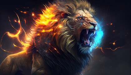 Roaring mighty fantasy lion with flames and glowing around, generative ai