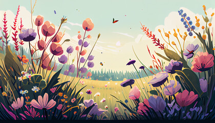 Flower meadow in spring illustration, generative ai