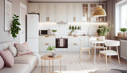 Warm pastel white and beige colors kitchen in the northern style, generative ai