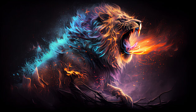 Roaring mighty fantasy lion with flames and glowing around, generative ai