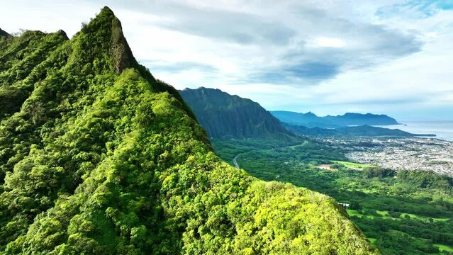 Drone Hawaii. Pali Lookout, Aerial view of Oahu windward side. Coastal mountain cliff on island. Tropical paradise vacation travel. 