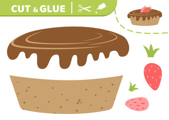 Chocolate cake with strawberry. Cut and glue. Cake. Applique. Paper game. Vector
