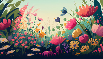 Flower meadow in spring illustration, generative ai