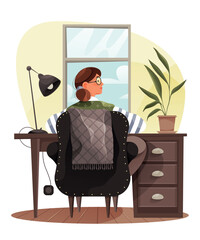 The girl is sitting in a chair near the window. Work at home. Vector illustration. Character design.