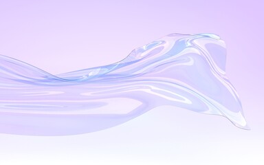 Flying iridescent glass ribbon or water wave 3d render. Holographic transparent shape with gradient texture in motion. Abstract crystal or plastic form on purple geometric background