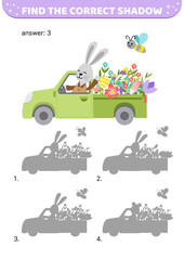 Fototapeta na wymiar Green pickup with rabbit. Find the correct shadow. Shadow matching game. Cartoon, vector