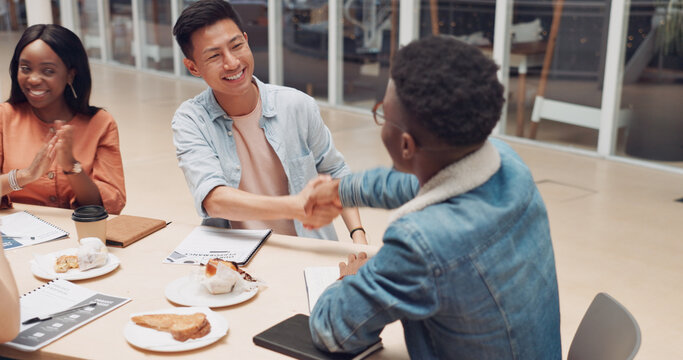 Success, Handshake Or Black Man Happy With Meeting Sales Target, Kpi Goals Achievement Or Winning A Bonus. High Five, Winner Or Group Of Employees In Celebration Of A Business Deal Or Job Promotion