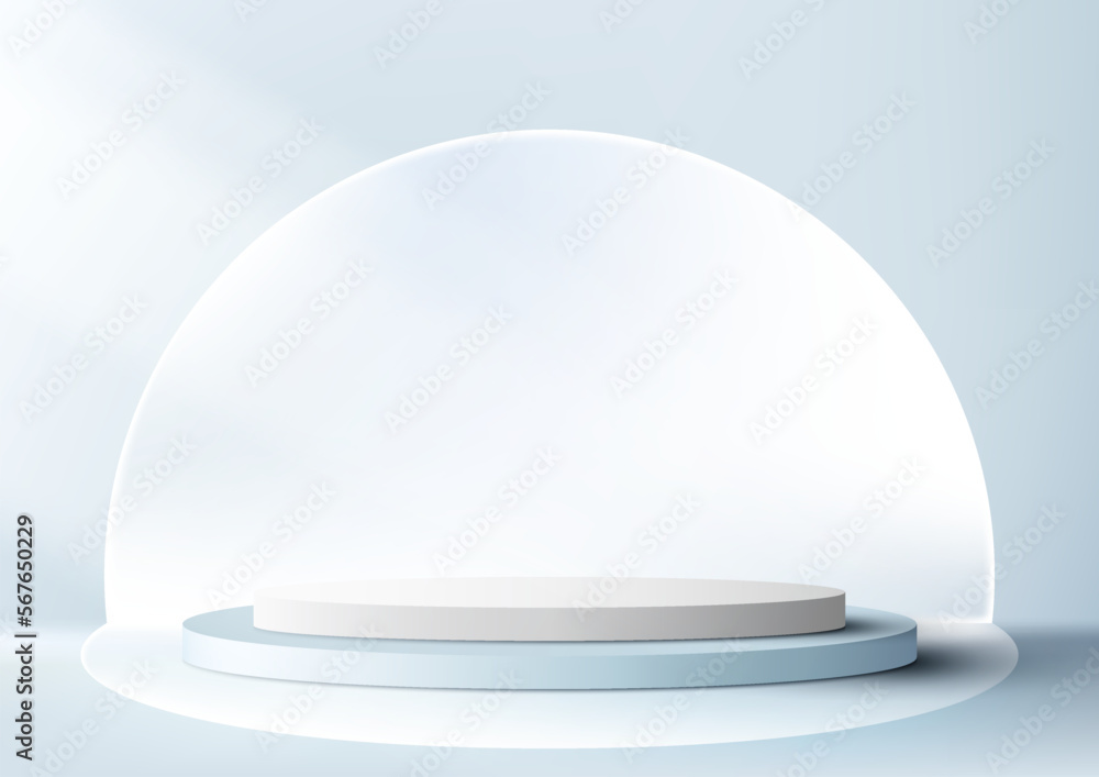 Poster 3d realistic empty blue and white podium cylinder shape product display with circle backdrop
