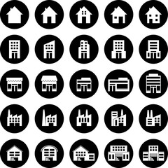 Residential, Commercial and Industrial Buildings White Icon with Circular Outline Set