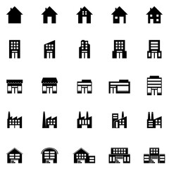 Residential, Commercial and Industrial Buildings Black Icon Set