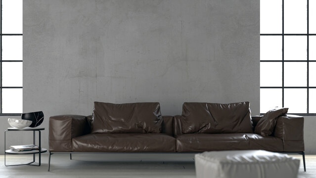 Ambiente interno di design moderno con divano di lusso in pelle stile italiano in abitazione di milano con sfondo trasparente