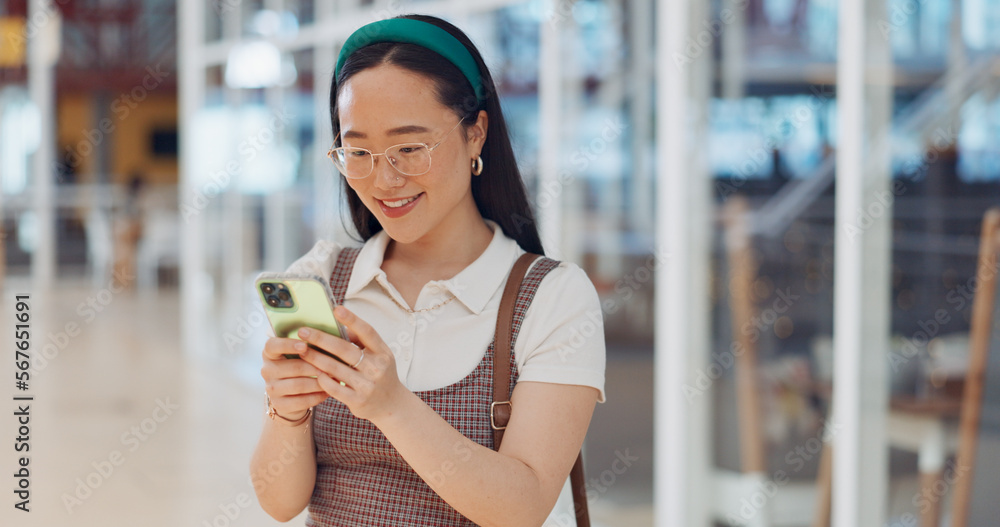 Sticker Phone, mall and Asian woman typing, social media or messaging. Technology, coffee and happy female with mobile smartphone for networking, internet browsing or web scrolling alone at shopping mall.