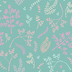 Japanese style background in blue green and pink colors with subtle leaves, seamless pattern. Decorative background for wrapping paper, wallpaper, textile, greeting cards and invitations.