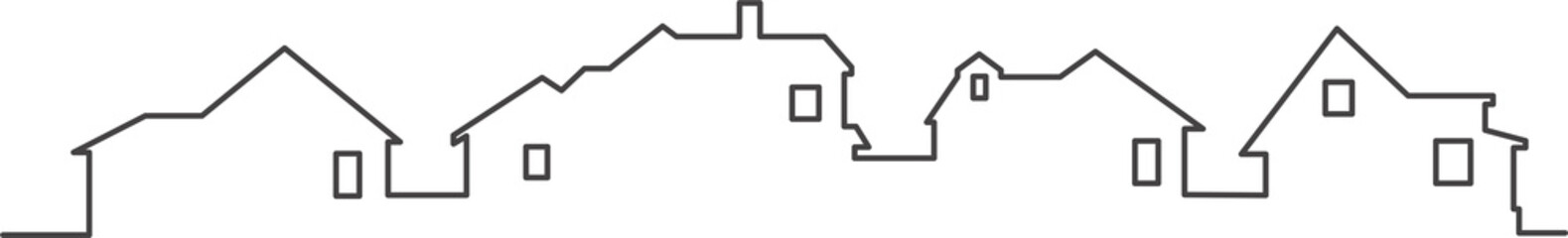 Neighborhood houses outline panoramic landscape. Continuous one line buildings drawing silhouette. Minimalistic illustration. © Chorna_L