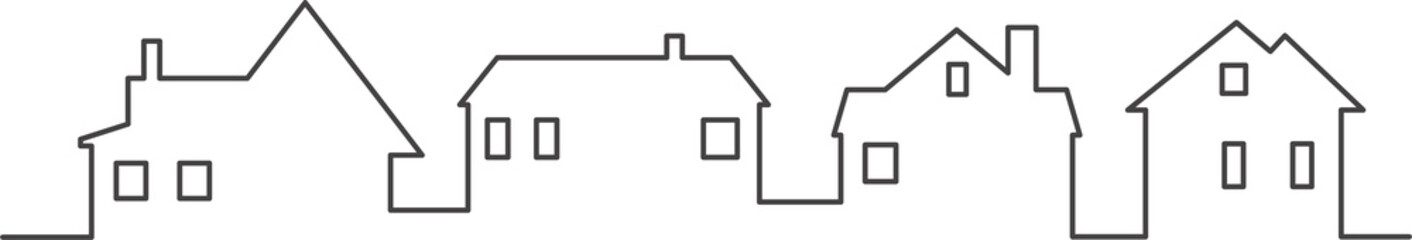 Neighborhood houses outline panoramic landscape. Continuous one line buildings drawing silhouette. Minimalistic illustration.