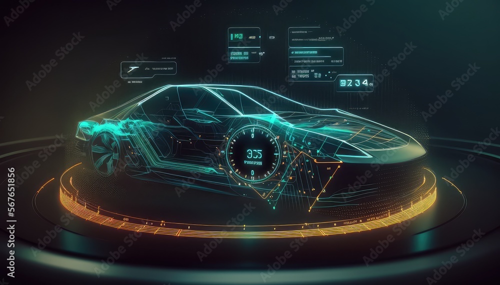 Poster hologram auto in hud ui style. futuristic car service. ai