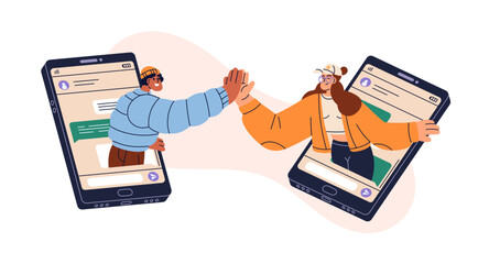 Internet virtual friendship, online communication in messenger concept. Young remote friends giving high five, greeting hi gesture. Flat graphic vector illustration isolated on white background © Good Studio