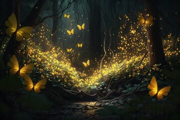 Gold butterflies in the air and dreamlike flowers. Generative Ai.