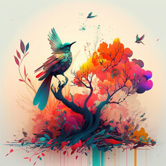 abstract autumn background with bird on tree
