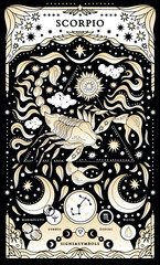 Scorpio sign of the zodiac. Modern magical astrological map. Magical girl, stars, moon, constellation, hand-drawn signs. Vector illustration