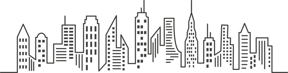 Fototapeta premium City outline panoramic landscape. Continuous one line buildings drawing. Skyscrapers silhouette. Minimalistic illustration.