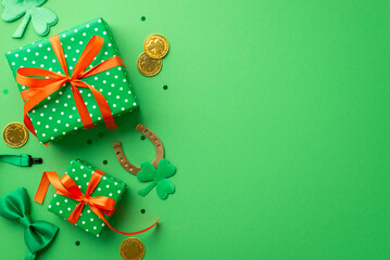 St Patrick's Day concept. Top view photo of green present boxes with orange ribbon bows gold coins...