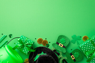 St Patrick's Day concept. Top view photo of leprechaun headwear green present boxes pot gold coins hat shaped party glasses clover straws and confetti on isolated green background with empty space