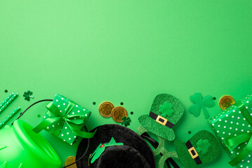 St Patrick's Day concept. Top view photo of leprechaun headwear green present boxes pot gold coins...
