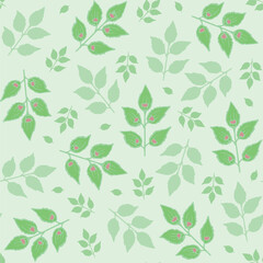Light green background with branches with leaves. Decorative seamless pattern for wrapping paper, wallpaper, textile, greeting cards and invitations.