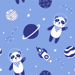 Space adventure panda seamless pattern. Cartoon bear, hand drawing lettering, decor elements. Scandinavian monochrome flat style. baby design for cards, posters, t-shirt print.