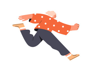 Active fast young girl rushing, hurrying on businesses. Happy excited energetic ambitious woman running to aim. Enthusiasm, energy concept. Flat vector illustration isolated on white background