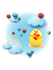Landscape with hanging cloud, swing and chick in love. Vector illustration eps10