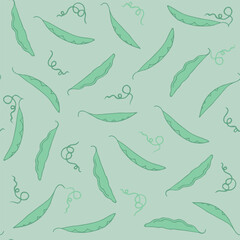 Green peas background with pods. Decorative seamless pattern for wrapping paper, wallpaper, textile, greeting cards and invitations.