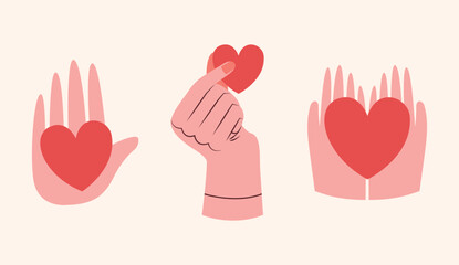 Set of modern illustrations of hearts in hands. Cute vector cliparts in flat style. Volunteering, supporting, humanism, charity conception. For icon, sticker, banner, card, valentines design.