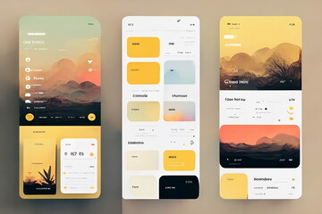 Modern light user interface design template. Conceptual mobile phone screen mock-up for application interface. Colorful, peach, orange, salmon, white, gray, minimalistic, aesthetic.