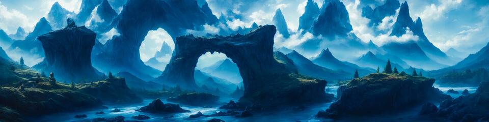 Fantasy landscape painting of ominous mountains, rivers. Dark, dangerous atmosphere. Generative AI